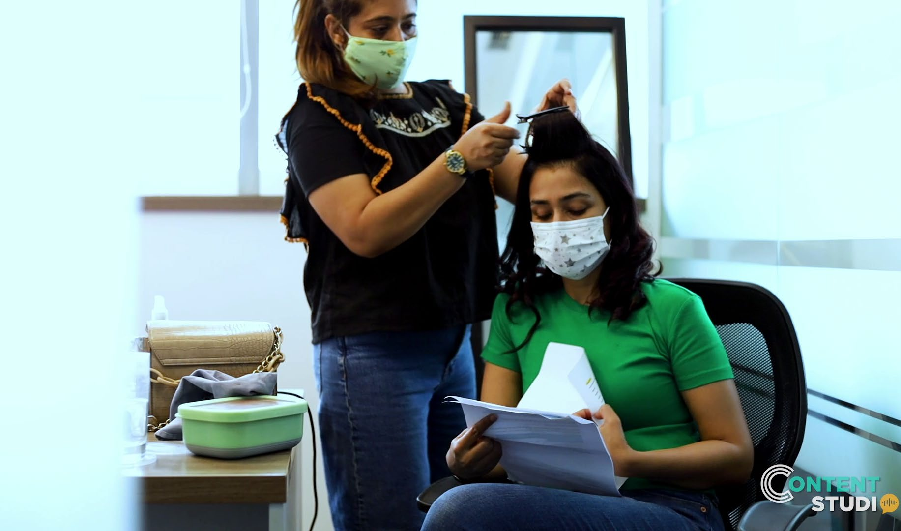 Content Studio makeup and hair station — guest preparation area, professional styling, Gurugram podcast studio